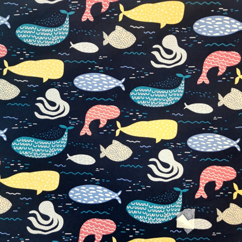 Cotton Poplin - Ocean Life on Navy